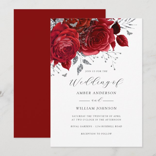 Invitation Rose Fleurie Argent Rouge Mariage   (Devant / Derrière)