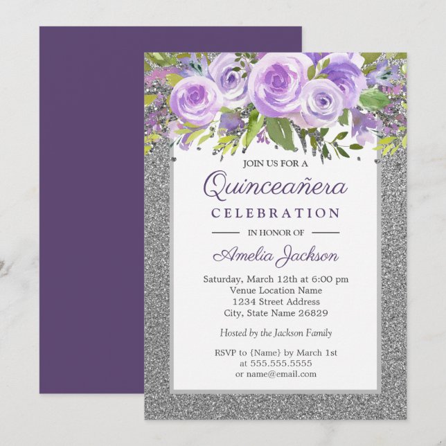 Invitation Rose Fleurie Argent Violet Quinceanera (Devant / Derrière)