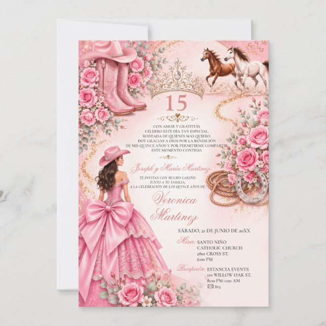 Invitation Rose Fleurie Charro Princesse Douce 15 Ans Espagno (Devant)