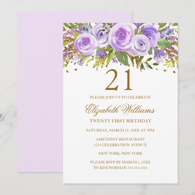 Invitation Rose Fleurie Or Pourpre 21e Anniversaire (Devant / Derrière)