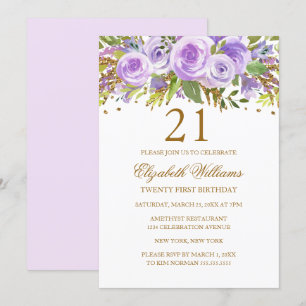 Invitation Rose Fleurie Or Pourpre 21e Anniversaire