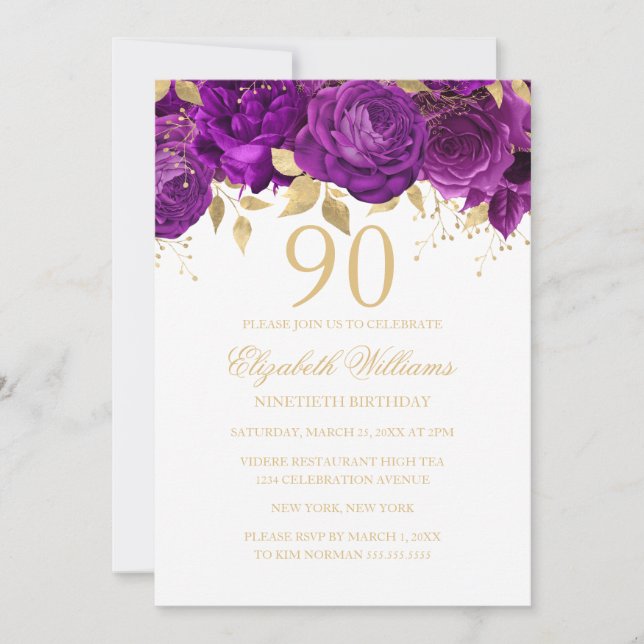 Invitation Rose Fleurie Or Pourpre 90e Anniversaire (Devant)