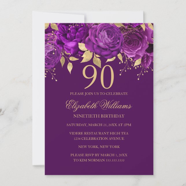 Invitation Rose Fleurie Or Violet 90e Anniversaire (Devant)