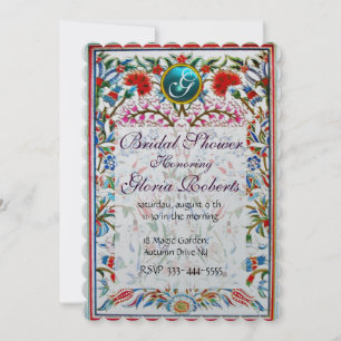 Invitation ROSE FLEURS ORIENTALES DAMASK MONOGRAM Bleu Argent