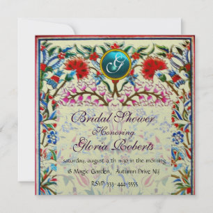 Invitation ROSE FLEURS ORIENTALES DAMASK MONOGRAM Bleu Argent