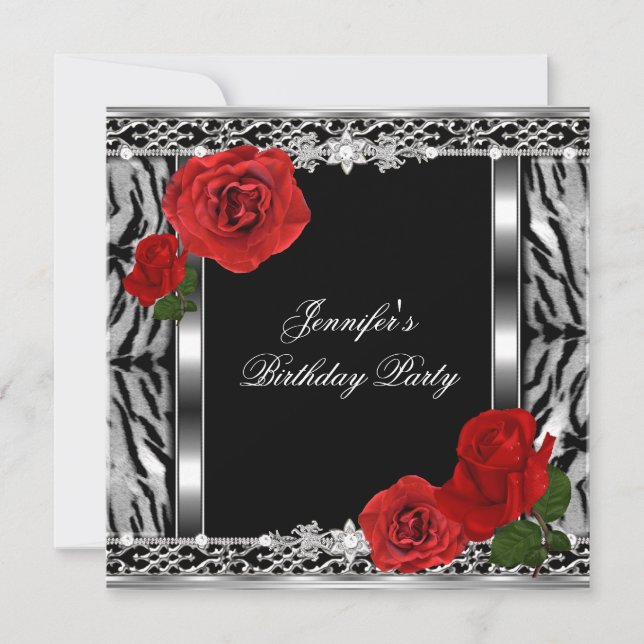 Invitation Rose Fleurs Rouge Anniversaire Noir Léopard Tout Â (Devant)