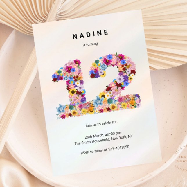 Invitation Rose Floral 12e anniversaire Jardin Fleur sauvage  (Créateur téléchargé)