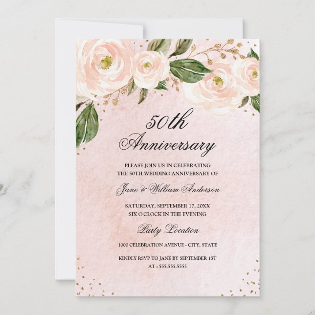 Invitation Rose Floral Anniversaire Gold Blush (Devant)