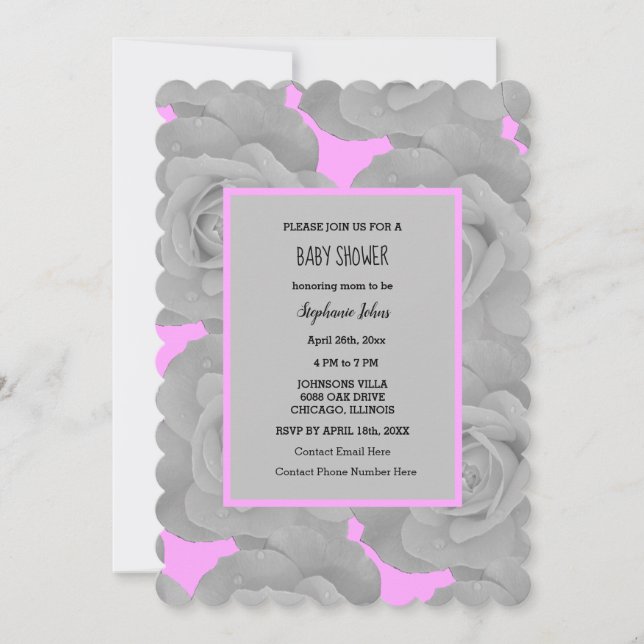 Invitation Rose Floral Baby shower bébé fille rose gris perso (Devant)