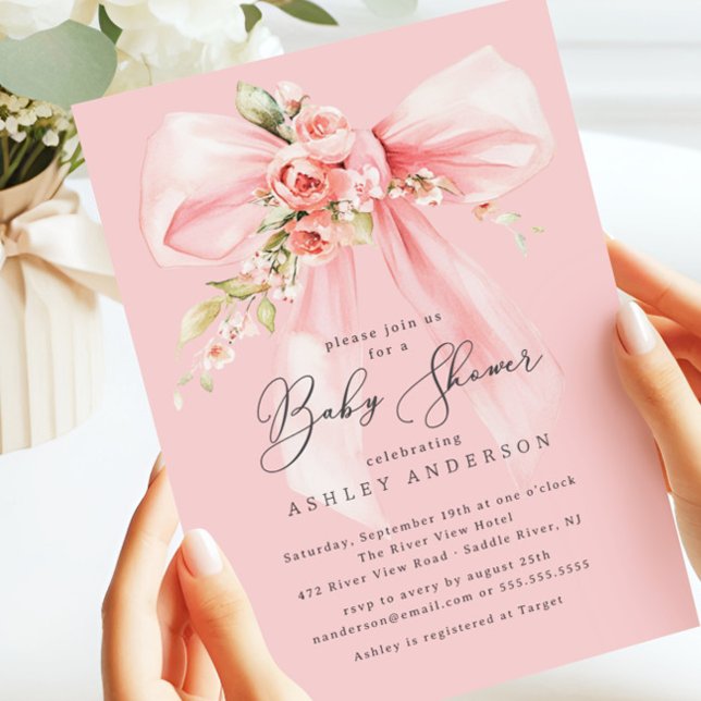 Invitation Rose floral Baby shower Coquette Bow (Créateur téléchargé)