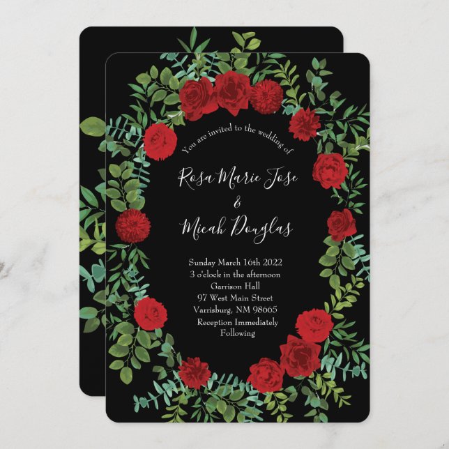 Invitation Rose Floral Black et Red Peony Mariage (Devant / Derrière)