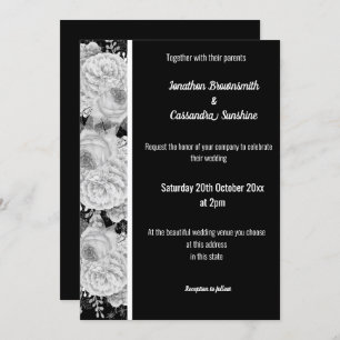 Invitation Rose FLORAL BLANC ARGENT NOIR TRIM MARIAGE BLANC