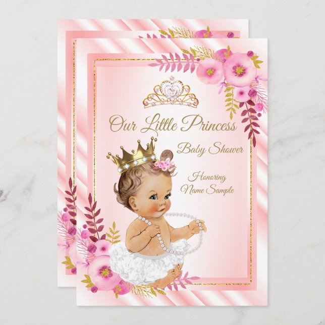 Invitation Rose Floral Blanc Princesse Baby shower Brunette (Devant / Derrière)