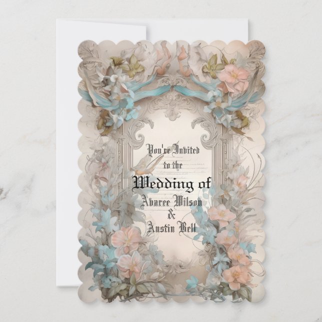 Invitation Rose Floral Bleu Pastel Victorien (Devant)
