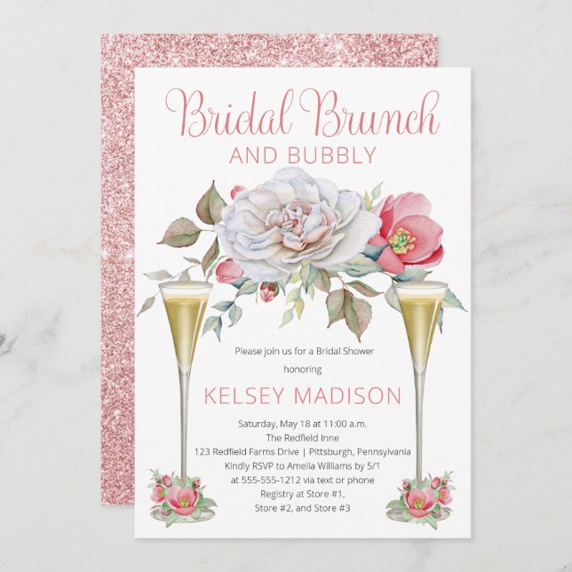 Invitation Rose Floral Blooms Bridal Brunch et Bubbly (Devant / Derrière)