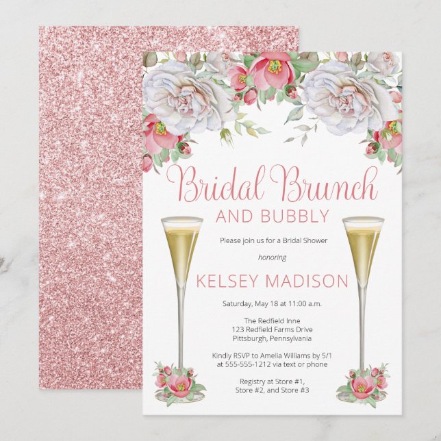 Invitation Rose Floral Blooms Bridal Brunch et Bubbly I (Devant / Derrière)