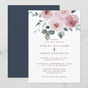 Invitation Rose floral Bourgogne Mariage bleu foncé