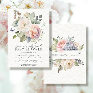 Invitation Rose Floral Cottage Jardin Bouquet Pink Baby Girl