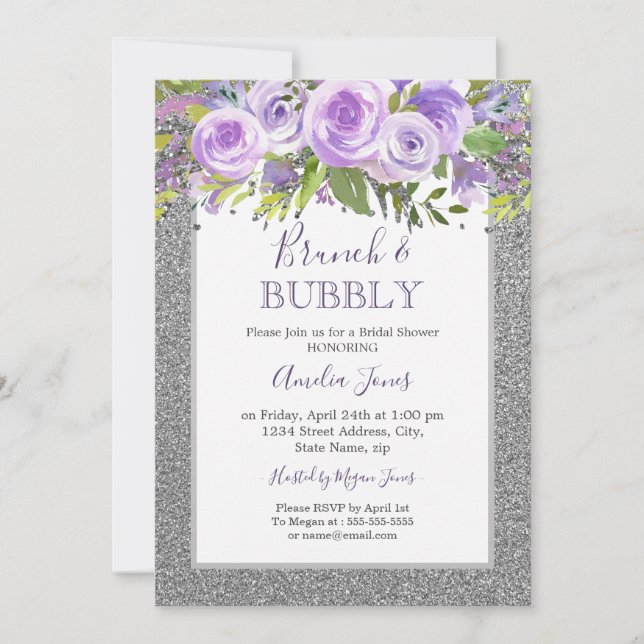 Invitation Rose Floral D'Argent Violet Brunch Et Douche Bubbl (Devant)