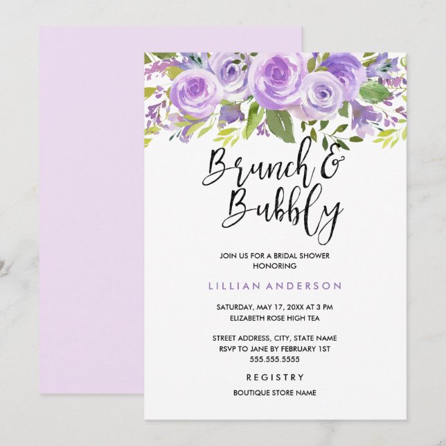 Invitation Rose Floral De Lavande Violette Brunch Et Bubbly (Devant / Derrière)