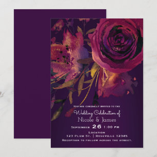 Invitation Rose floral de vin de Bourgogne Purple Bold Mariag