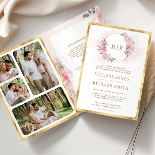 Invitation Rose Floral Doré Tendre en Toutes Teintes pour un