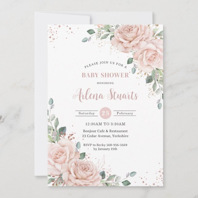 Invitation Rose floral doux Baby shower or  QR Code (Devant)