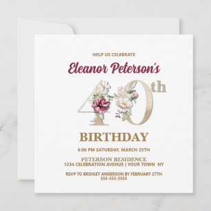 Invitation Rose Floral E 40e fête d'anniversaire