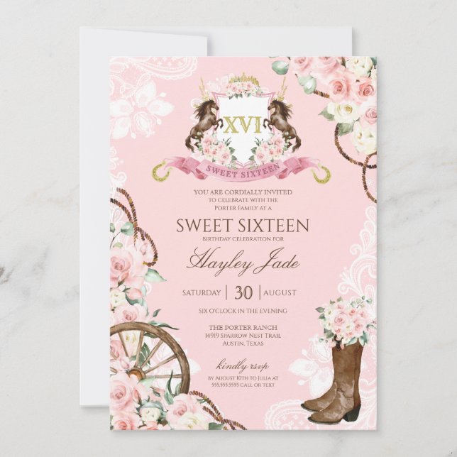 Invitation Rose Floral & Elégant Crest Cowgirl Ranch Sweet 16 (Devant)