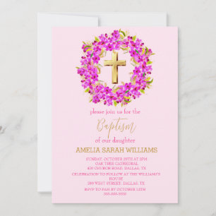 Invitation Rose Floral Elégant Photos Croix Baby Girl Baptism