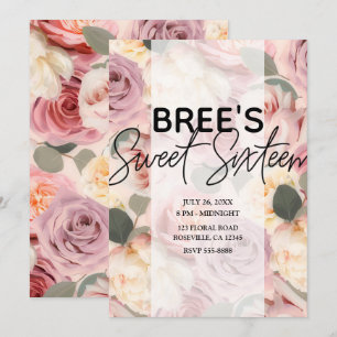 Invitation Rose Floral Élégant Shabby Chic Douce Fête des 16 