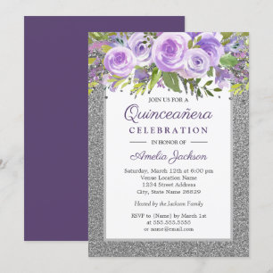 Invitation Rose floral en argent violet Quinceanera