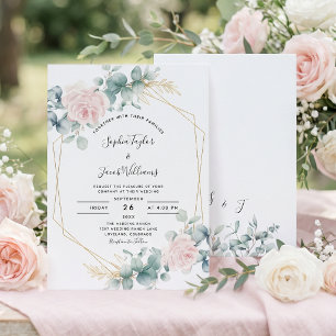 Invitation Rose Floral Eucalyptus Géométrique Mariage