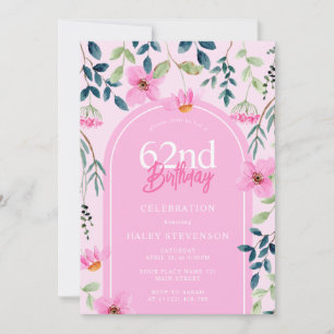 Invitation Rose Floral Fleur sauvage Girly Elegant 62e annive
