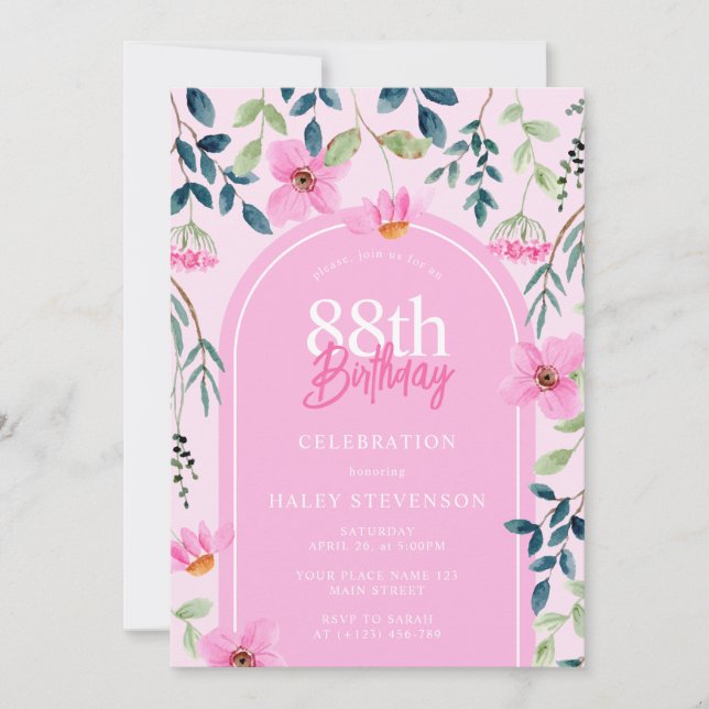 Invitation Rose Floral Fleur sauvage Girly Elégant 88e annive (Devant)