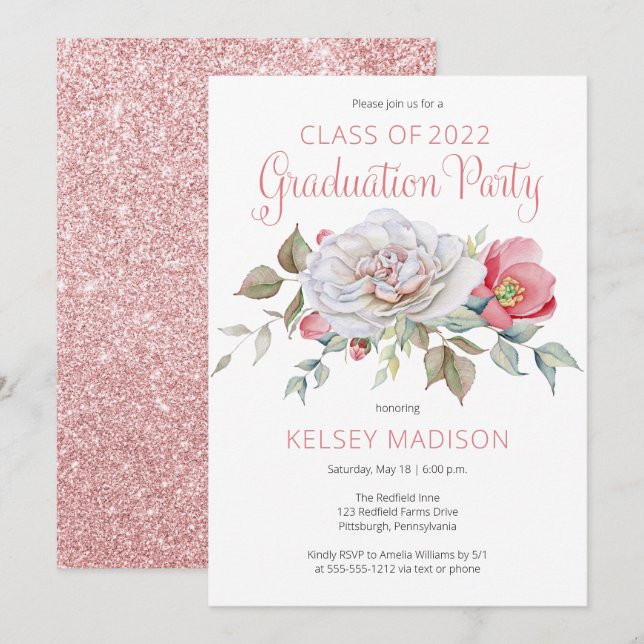 Invitation Rose Floral Floroms fête de graduation (Devant / Derrière)