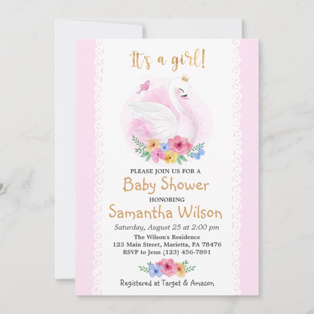 Invitation Rose Floral Girl mignonne Swan Princess Baby showe (Devant)
