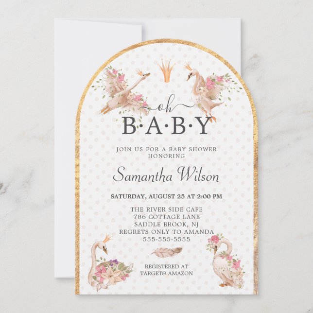 Invitation Rose Floral Girl mignonne Swan Princess Baby showe (Devant)