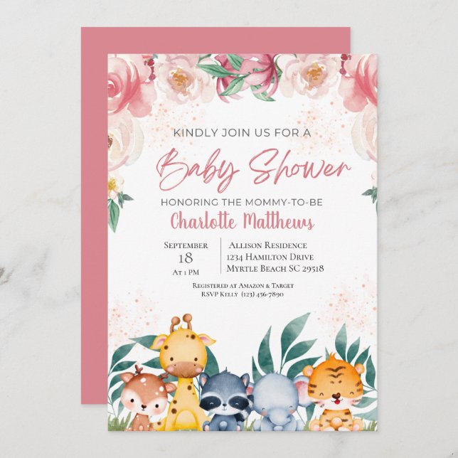 Invitation Rose Floral Girl Safari Jungle Animaux Baby shower (Devant / Derrière)