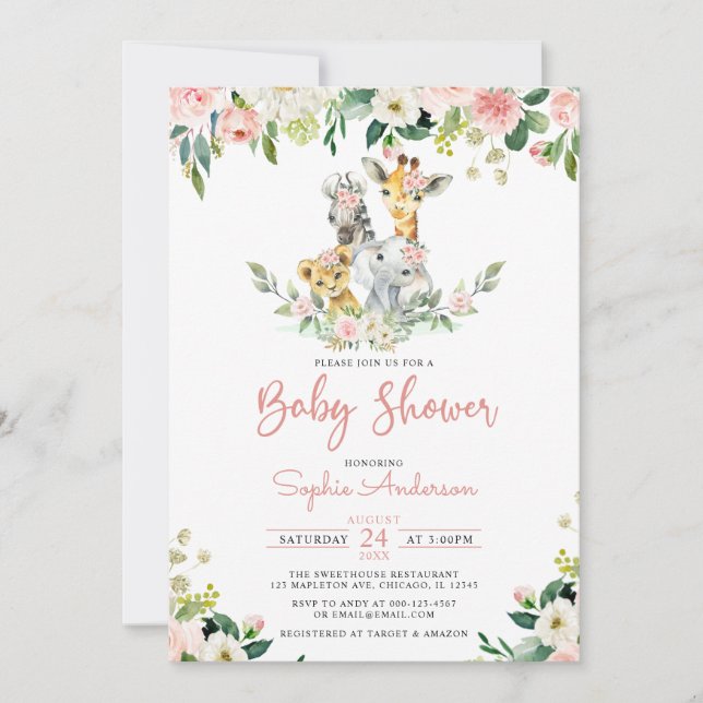 Invitation Rose Floral Girl Safari Jungle Animaux Baby shower (Devant)
