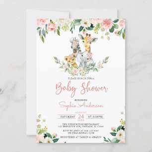 Invitation Rose Floral Girl Safari Jungle Animaux Baby shower