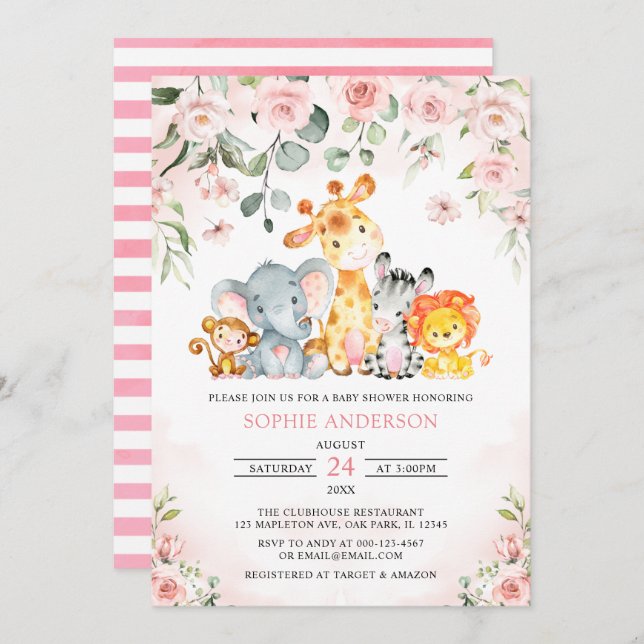 Invitation Rose Floral Girl Safari Jungle Animaux Baby shower (Devant / Derrière)