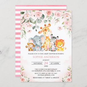 Invitation Rose Floral Girl Safari Jungle Animaux Baby shower