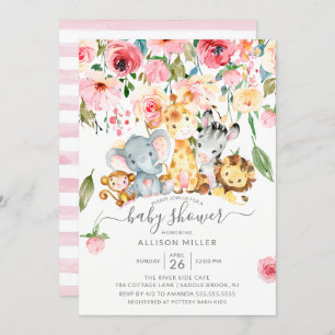 Invitation Rose Floral Girls Safari Animaux Baby shower