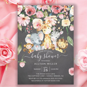 Invitation Rose Floral Girls Safari Animaux Baby shower