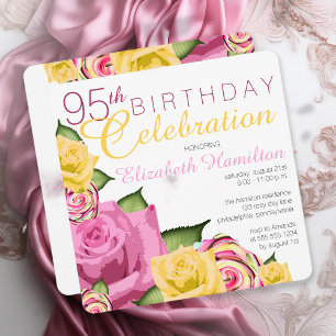 Invitation Rose   Floral Jaune 95e fête d'anniversaire