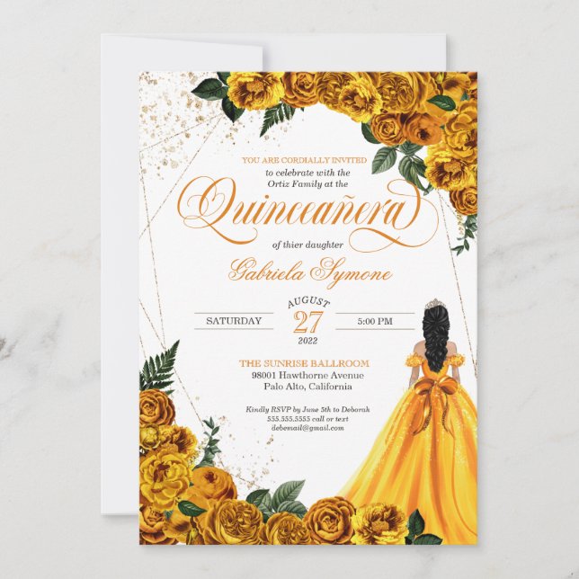 Invitation Rose Floral Jaune & Or Elegant Quinceañera (Devant)