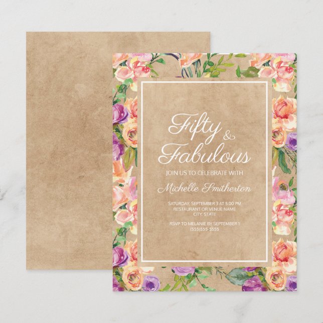 Invitation Rose Floral Kraft Rustique Violet 50e Anniversaire (Devant / Derrière)