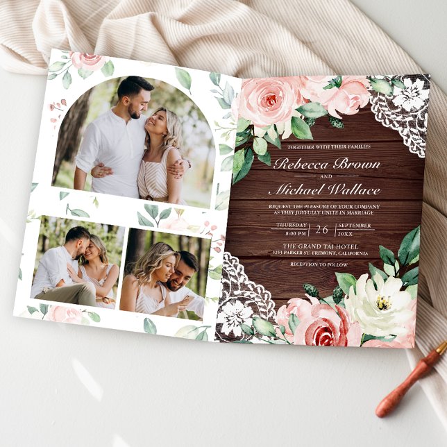 Invitation Rose Floral Lace Bois Rustique Code QR Mariage (Créateur téléchargé)