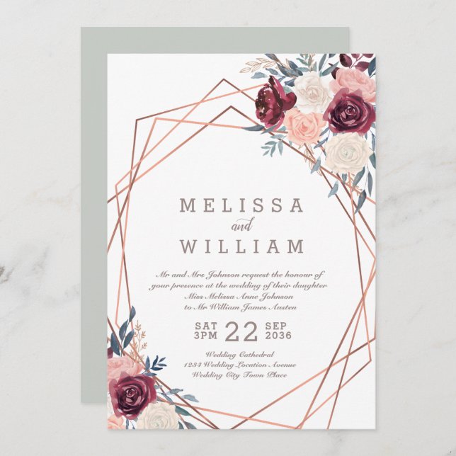 Invitation Rose floral Mariage géométrique Bourgogne ivoire (Devant / Derrière)